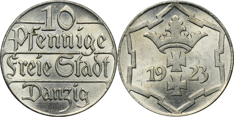 Free City of Danzig, 10 pfennig 1923 Moneta z obustronnym zegarowym połyskiem.
...