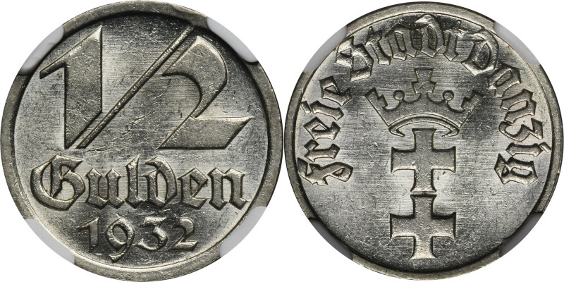 Free City of Danzig, 1/2 gulden 1932 - NGC MS62 Piękny egzemplarz z mocnym, menn...