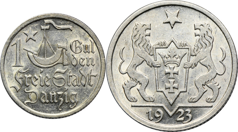 Free City of Danzig, 1 gulden 1923 Ładny egzemplarz.&nbsp; Tło z obustronnie zac...