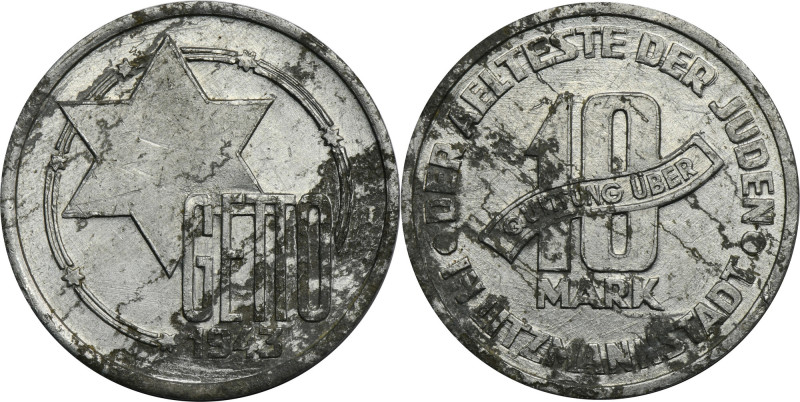Ghetto Litzmannstadt, 10 mark 1943 Al Aluminium. Nalot. Moneta z połyskiem. Refe...