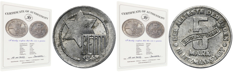 Ghetto Litzmannstadt, 5 mark 1943 Al - with certificate Aluminium. Moneta wraz z...