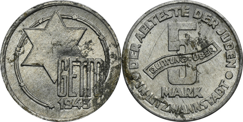 Ghetto Litzmannstadt, 5 mark 1943 Al Aluminium. Ładnie zachowana sztuka.
Refere...