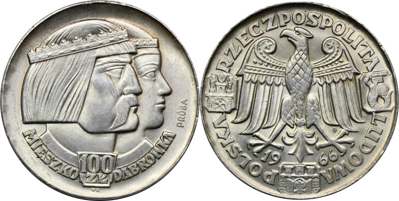 PRÓBA, 100 złotych 1966 Mieszko i Dąbrówka głowy Bardzo ładnie zachowane. Srebro...