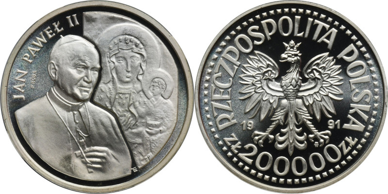 PRÓBA, 200.000 złotych 1991 Jan Paweł II, Ołtarz - PF69 ULTRA CAMEO Moneta wybit...