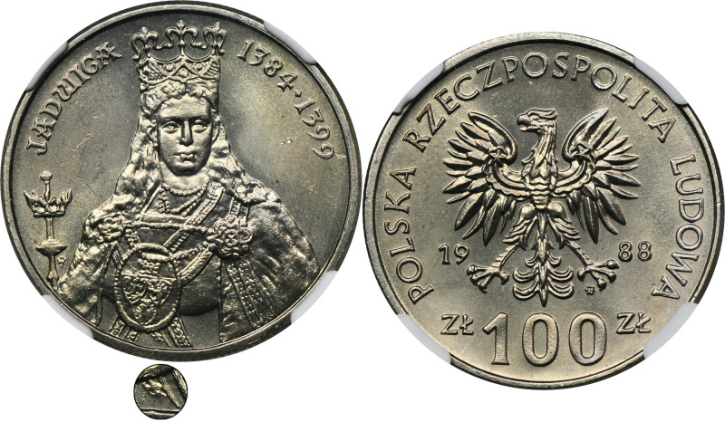 DESTRUKT, 100 złotych 1988 Jadwiga - NGC MS64, DOUBLE DIE REVERSE, niedobita wst...