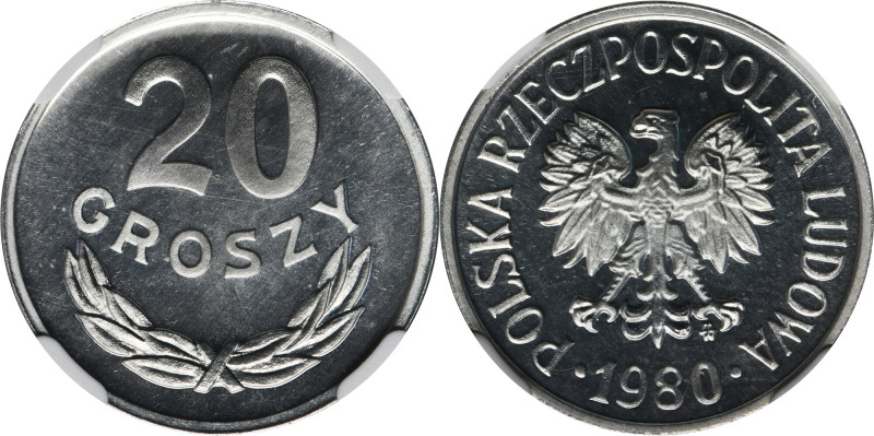 20 groszy 1980 - NGC PF66 CAMEO - LUSTRZANKA Moneta wybita stemplem lustrzanym z...