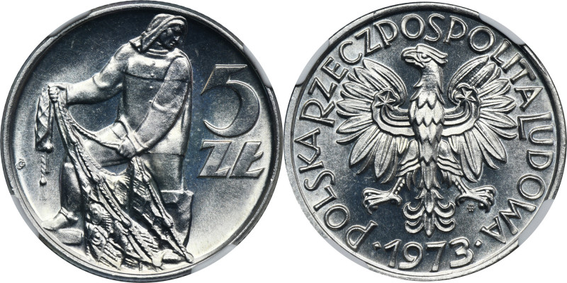 5 złotych 1973 Rybak - NGC MS66 Znakomicie zachowany egzemplarz z drugą najwyższ...