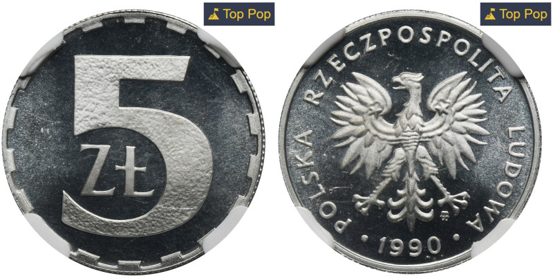 5 złotych 1990 - NGC PF67 ULTRA CAMEO - LUSTRZANKA Moneta wybita stemplem lustrz...