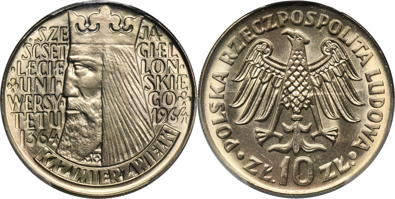 10 złotych 1964 Kazimierz Wielki - PCGS MS66 - wypukły napis na awersie Piękny, ...