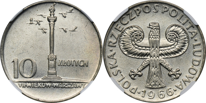 10 złotych 1966 Mała Kolumna - NGC MS62 Moneta trudno dostępna w bardzo wysokich...