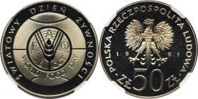50 złotych 1981 FAO, Światowy Dzień Żywności - NGC PF68 ULTRA CAMEO - LUSTRZANKA 2-ga nota