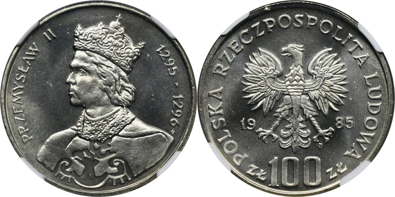 100 złotych 1985 Przemysław II - NGC MS66 Znakomicie zachowany egzemplarz z drug...