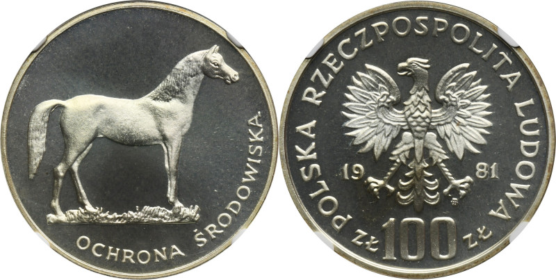 100 złotych 1981 Ochrona Środowiska Koń - NGC PF67 CAMEO Moneta wybita stemplem ...