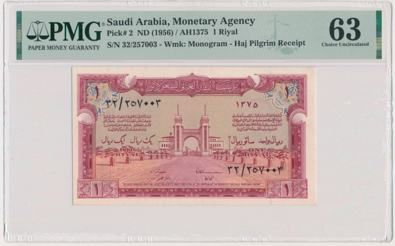 Saudi Arabia, 1 Riyal (1956) - PMG 63 Graded 63 by PMG.
 Banknot w slabie PMG z...