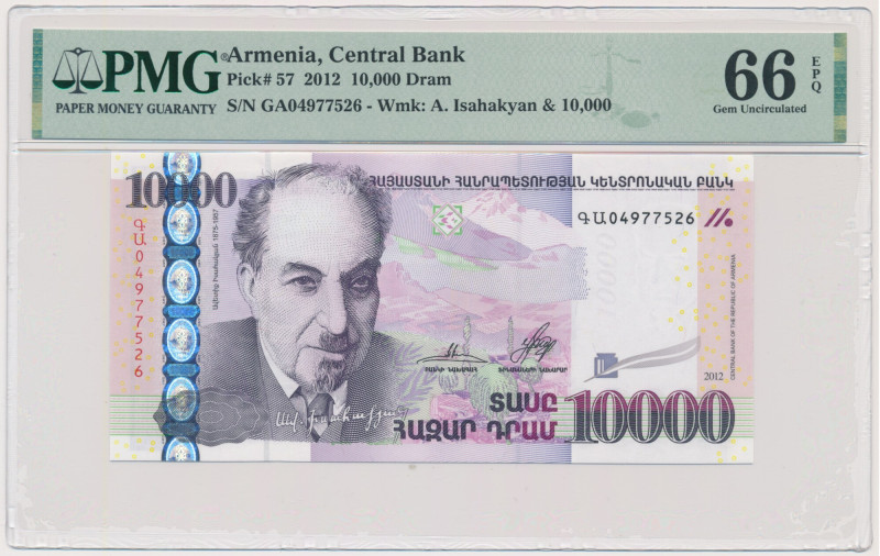 Armenia, 10.000 Dram 2012 - PMG 66 EPQ Graded 66 EPQ by PMG.
 Banknot w slabie ...