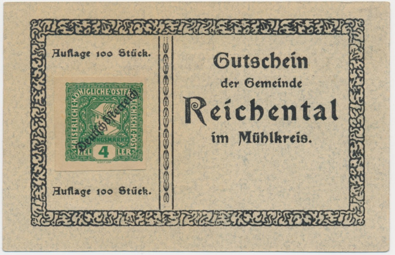 Austria (Reichental), 4 Haller 1920 Rare notgeld, just 100 examples issued.
 Rz...