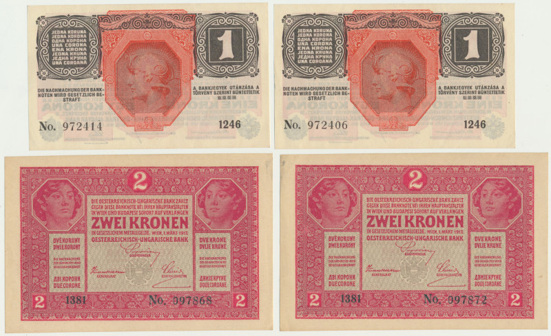 Austria, lot 1-2 Kronen 1916-17 (4 pcs.) Very well preserved banknotes.&nbsp; Vi...