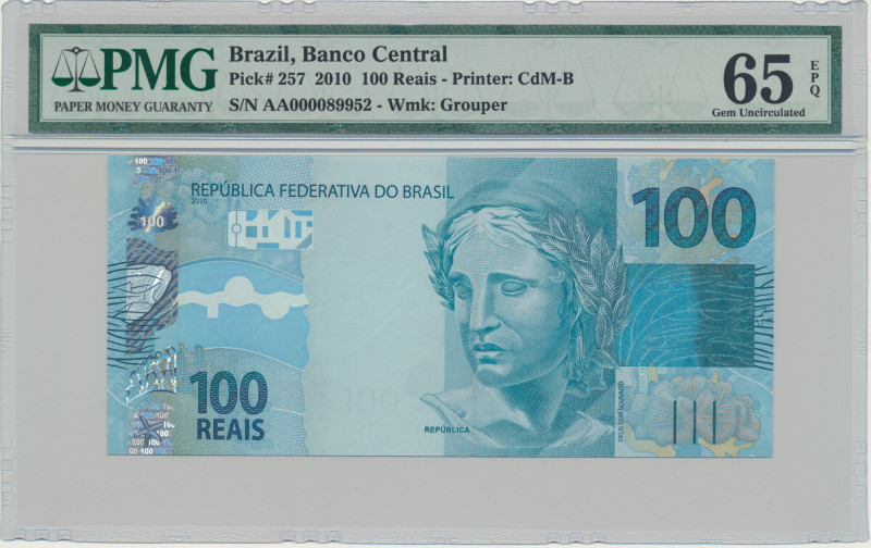 Brazil, 100 Reais 2010 - PMG 65 EPQ Graded 65 EPQ by PMG.
 Banknot w slabie PMG...