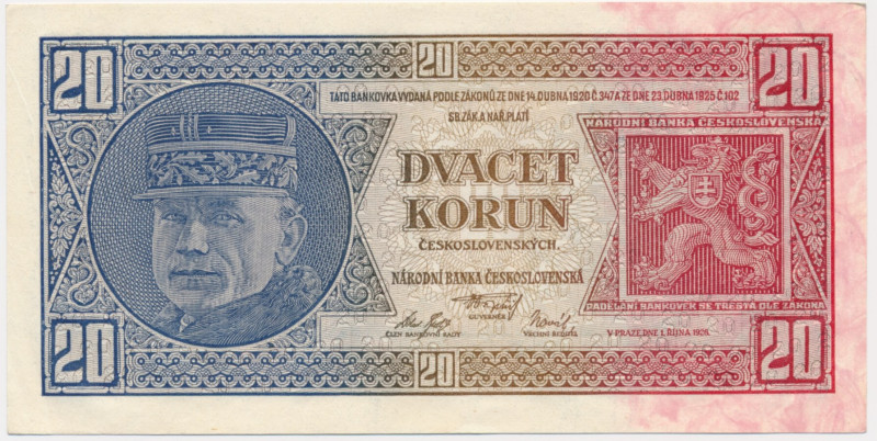 Czechoslovakia, 20 Korun 1926 Bottom left corner folded otherwise a beautifull n...