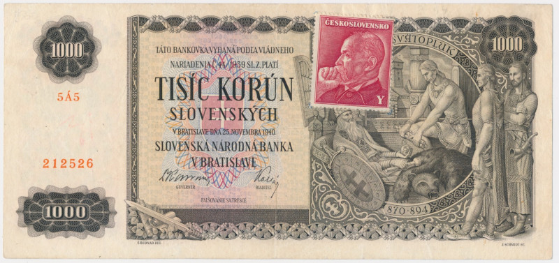 Czechoslovakia, 1.000 Korun 1940 - with adhesive stamp - Note with numerous fold...