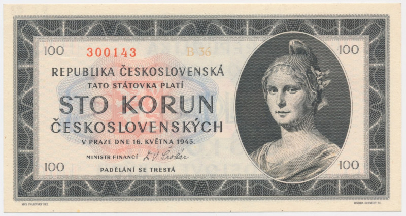 Czechoslovakia, 100 Korun 1945 Excellent note in uncirculated condition. Sharp a...