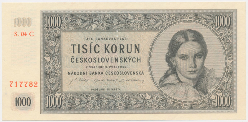 Czechoslovakia, 1.000 Korun 1945 - SPECIMEN - Uncirculated. Emisyjny stan zachow...