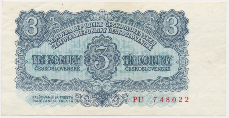 Czechoslovakia, 3 Koruny 1953 About uncirculated banknote with two folds through...