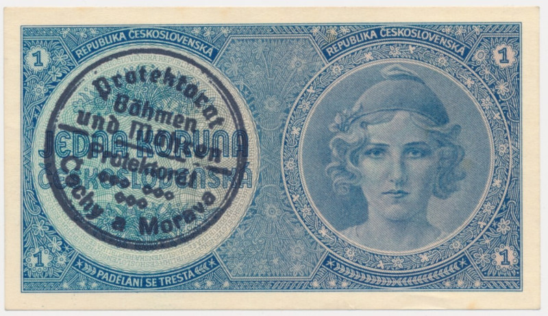 Bohemia and Moravia, 1 Koruna (1939) - handstamped - Folded.&nbsp; Never washed ...