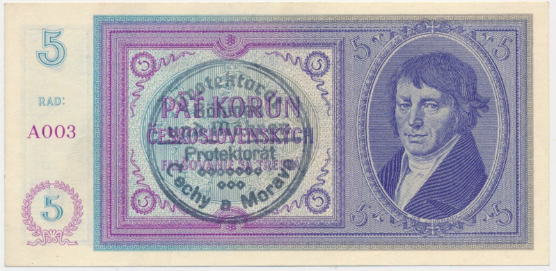 Bohemia and Moravia, 5 Korun (1939-45) - with overprint - Beautifull crisp bankn...