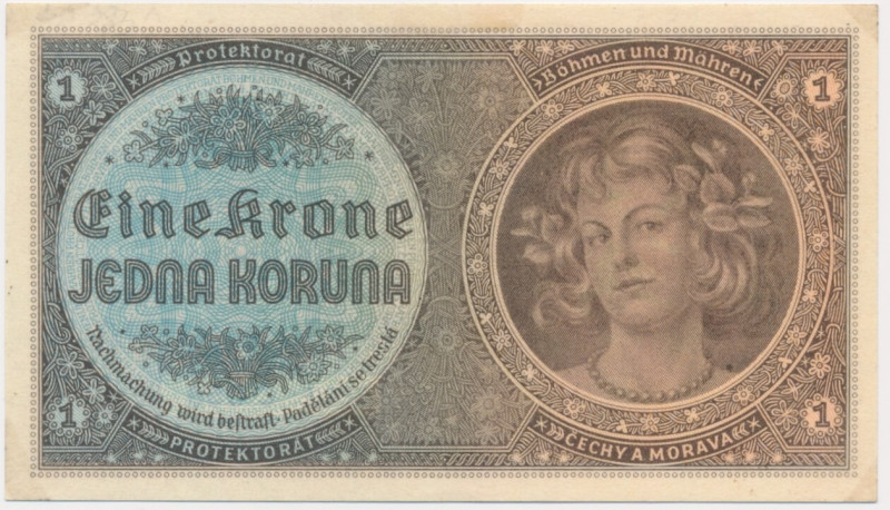 Bohemia and Moravia, 1 Koruna (1940) An uncirculated banknote with virtually per...