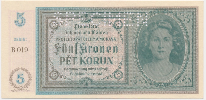 Bohemia and Moravia, 5 Korun (1940) - SPECIMEN - Uncirculated.&nbsp; Emisyjny st...