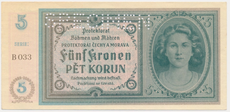 Bohemia and Moravia, 5 Korun (1940) - SPECIMEN - Beautifull crisp banknote with ...