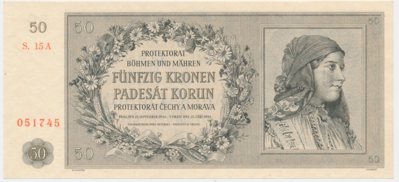 Bohemia and Moravia, 50 Korun 1944 Excellent note in uncirculated condition. Sha...