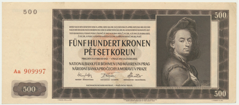 Bohemia and Moravia, 500 Kronen 1942 - Aa - First Prefix About uncirculated bank...