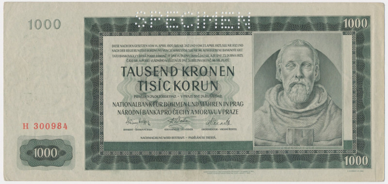 Bohemia and Moravia, 1.000 Korun 1942 - SPECIMEN - An attractive note with numer...