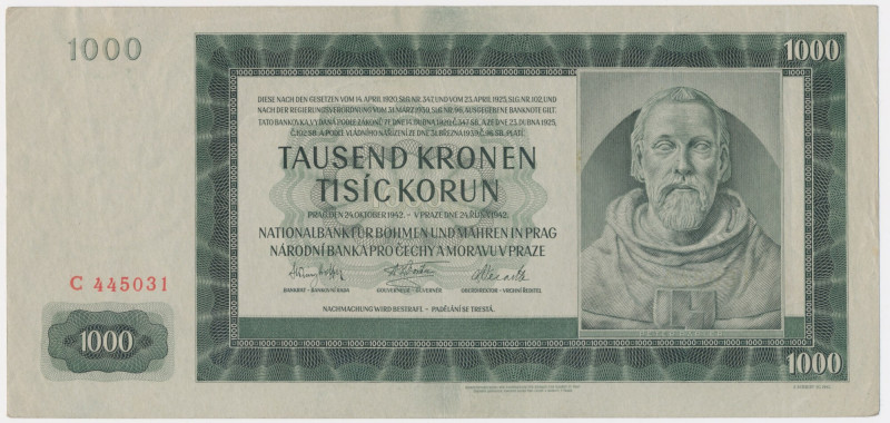 Bohemia and Moravia, 1.000 Korun 1942 An attractive note with three folds. Corne...