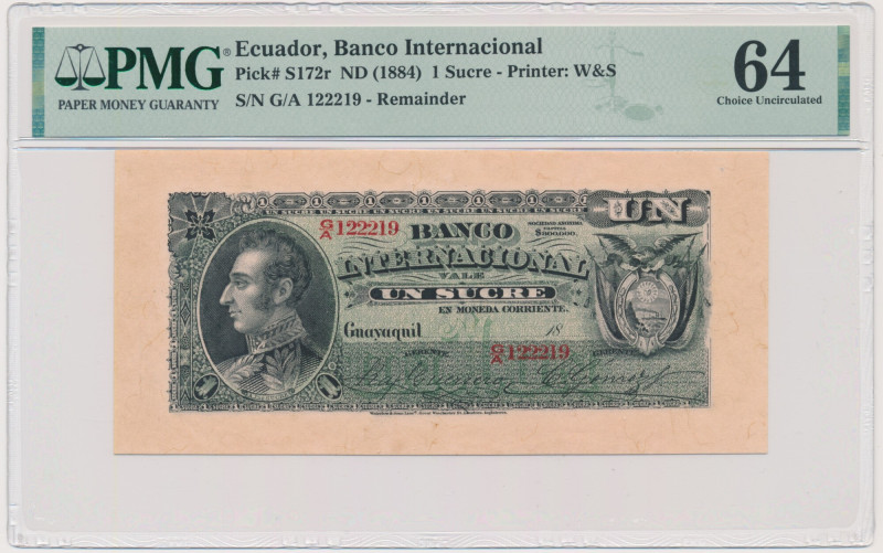 Ecuador, 1 Sucre (1884) - PMG 64 Never washed or pressed banknote graded 64 with...