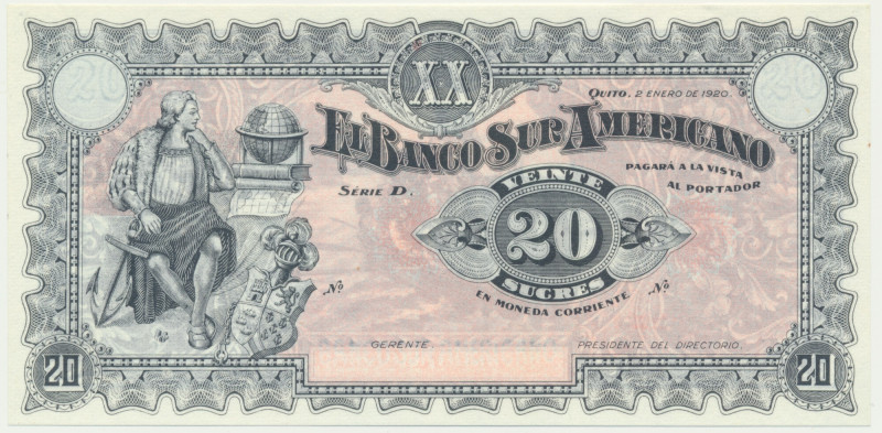 Ecuador, 20 Sucres 1920 An uncirculated banknote with virtually perfect look. Li...