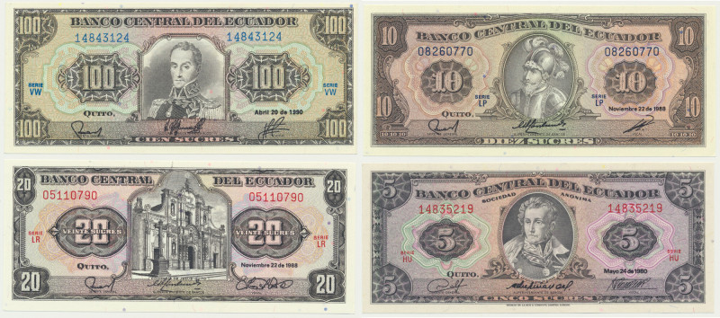 Ecuador, lot 10-100 Sucres 1988-90 (4 pcs.) Uncirculated.&nbsp; Emisyjne stany z...