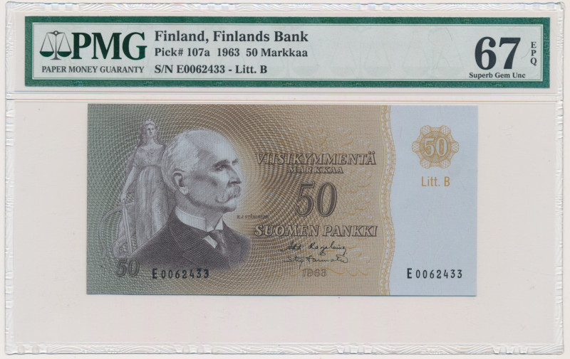 Finland, 50 Markkaa 1963 - PMG 67 EPQ Only one graded higher.&nbsp; Znakomity ba...