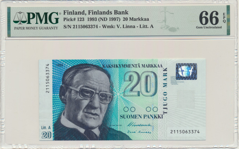 Finland, 20 Markka (1997) - PMG 66 EPQ Graded 66 EPQ by PMG.
 Pięknie zachowany...