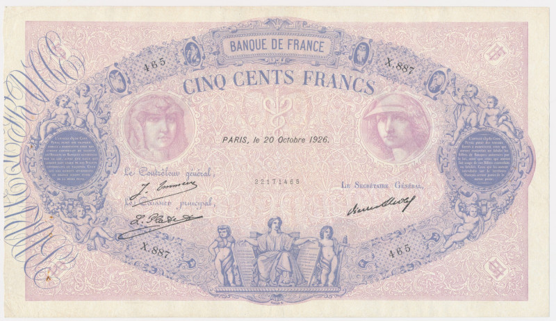 France, 500 Francs 1926 An attractive note with numerous folds. Corners show lig...