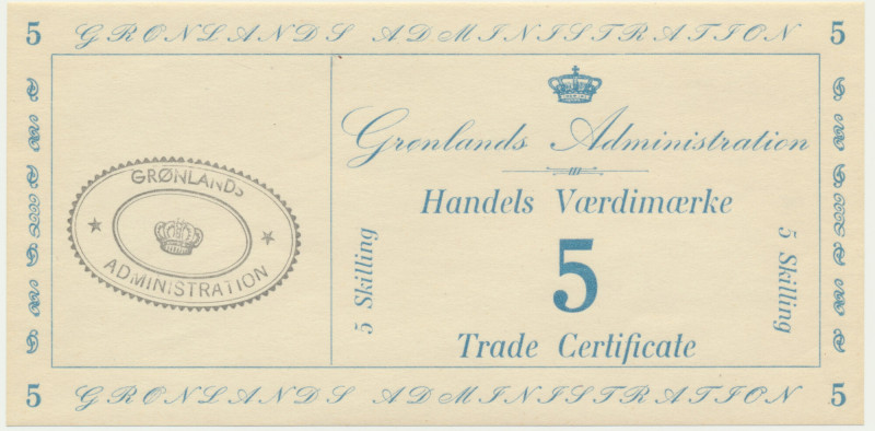 Greenland, Trade Certificate, 5 Skilling (1942) Uncirculated note. Banknot bez u...