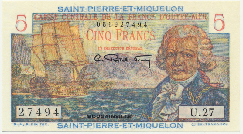 French Guiana, 5 Francs (1946) Excellent note in uncirculated condition. Sharp a...