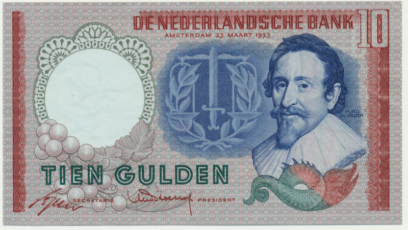 Netherlands, 10 Gulden 1953 Light paper surface imperfections in a form of dent....