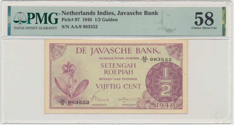 Dutch India, 1/2 Gulden 1948 - PMG 58 Graded 58 by PMG.
 Banknot w slabie PMG z...