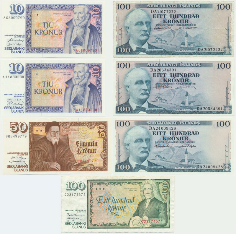 Iceland, lot 10-100 Kronur 1961-86 (7 pcs.) Viewing recommended.&nbsp; Zróżnicow...