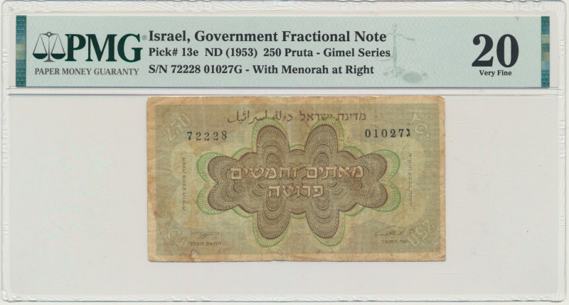 Israel, 250 Pruta (1953) - PMG 20 Graded 20 by PMG.
 Banknot w slabie PMG z oce...