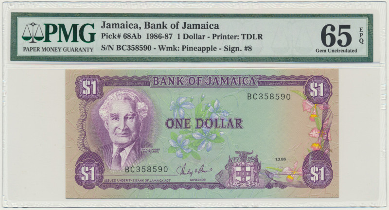 Jamaica, 1 Dollar 1986 - PMG 65 EPQ Very attractive banknote graded 65 Exception...