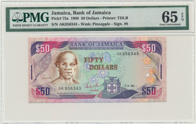 Jamaica, 50 Dollars 1988 - PMG 65 EPQ Graded 65 EPQ by PMG.
 Banknot w slabie P...